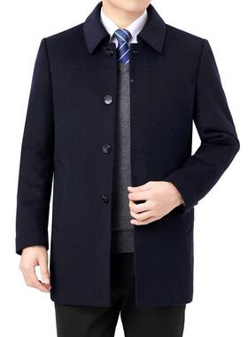 025冬羽绒内胆克羊绒大衣2领男装中长款82071-OP翻中老年尼服纯羊