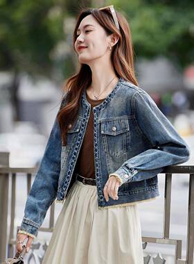 2025季新GE2563-0款子小个复古蓝色秋上5衣圆领时尚简约牛仔短外