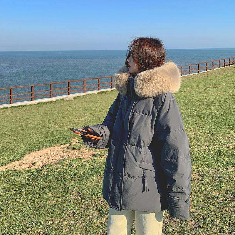 白鸭绒绒服女中长款024冬新2款韩版宽松过膝大毛领羽保暖面b233-2