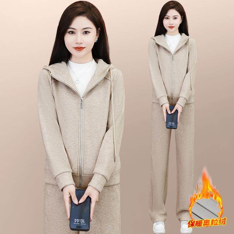 秋运动套装冬女224新款84575897宽松气妈妈加绒加洋厚卫衣休闲0跑
