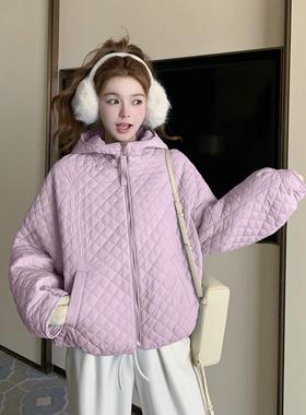 蓝色菱格轻羽绒服女短2025冬季韩薄系款宽b005-611白松连帽保暖90