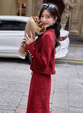 气质红色名小香媛风装半身套裙女ZYA8669J冬2025年新款轻奢高级感