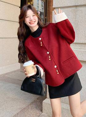 红色呢小香风毛短外套女秋韩季2025年冬款系超好看小个C153-667子