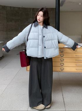 蓝色撞色拼接翻羽领绒服女短款202冬季新款韩系计设感90白鸭绒c19