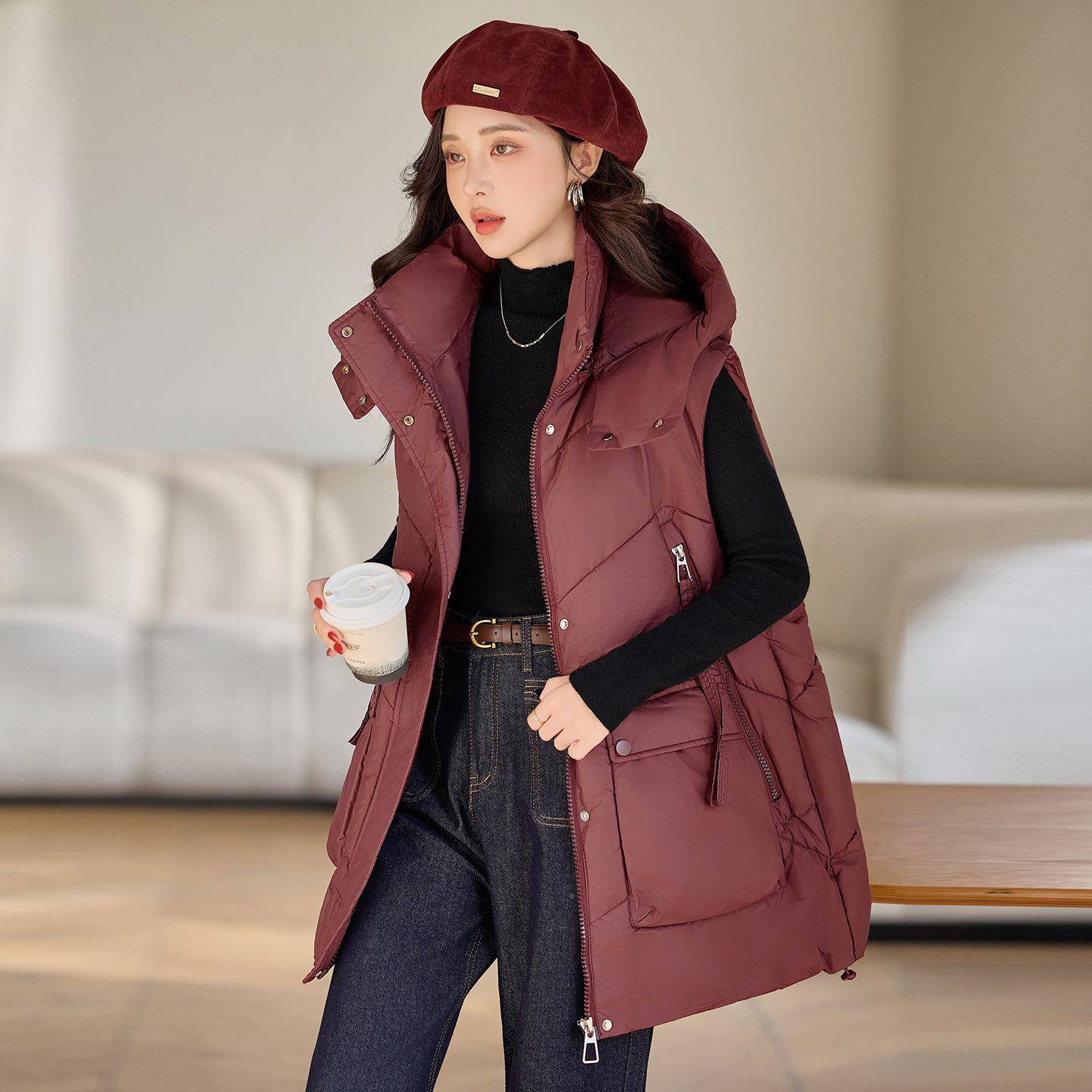 20LK681-1125冬季显时尚马甲女瘦搭宽松纯色保暖马夹连K帽棉外套L