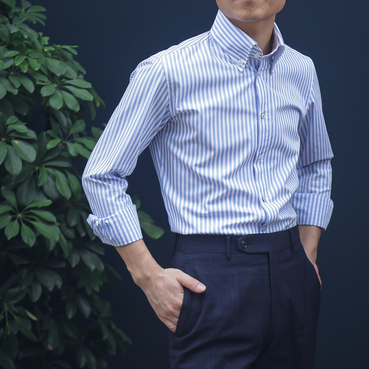 春秋条纹长袖男士衬衣经典时尚加肥加大温莎一片领休闲商务衬衫潮