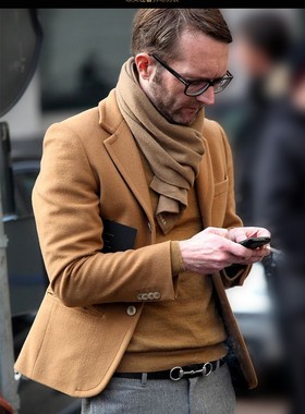 秋冬男士羊绒tweed欧美修身短款外套简约时尚加大码英伦休闲西装