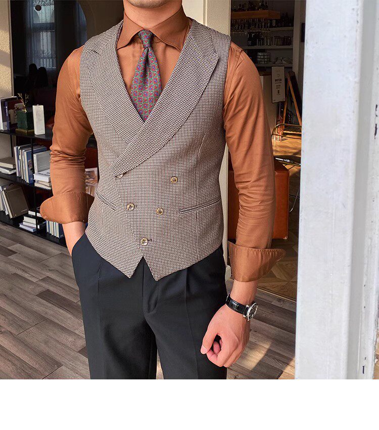 秋季时尚西装领马甲复古休闲百搭男士千鸟格单排扣商务英伦潮背心