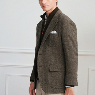 新款粗花呢西服外套男羊毛商务休闲单西大码人字纹粗纺美式西装