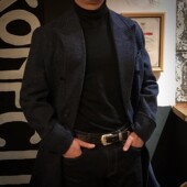 Thekiller马球双排扣修身 复古粗花呢男英伦长款 毛呢翻领人字大衣