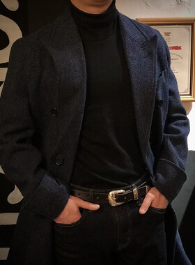 Thekiller马球双排扣修身复古粗花呢男英伦长款毛呢翻领人字大衣