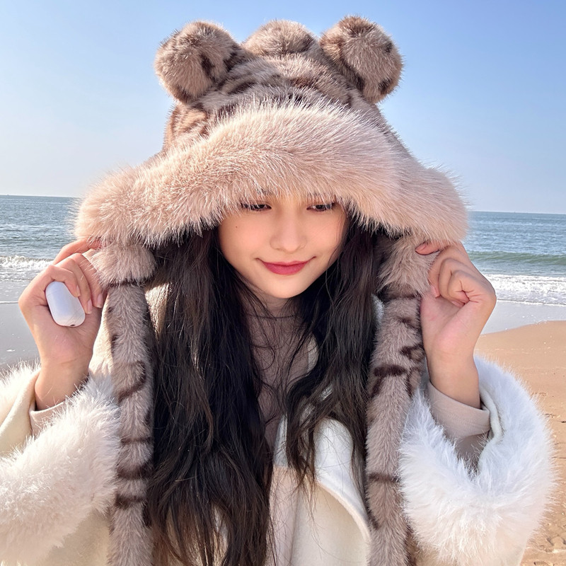 冬季女帽子围巾一体豹纹熊耳朵仿狐狸毛貂毛双层加厚毛毛绒显脸小