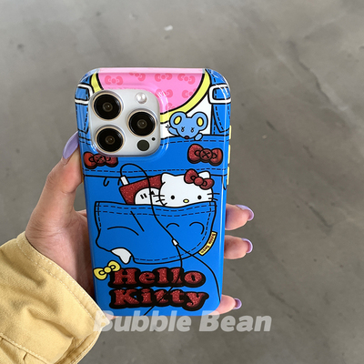售完不补/牛仔蓝口袋kitty双层imd二合一边框手机壳适用于苹果15