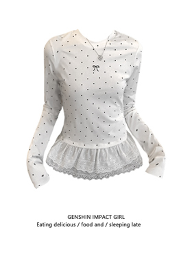 白色波点蕾丝下摆花边长袖t恤女秋冬韩系漂亮修身正肩内搭上衣ins