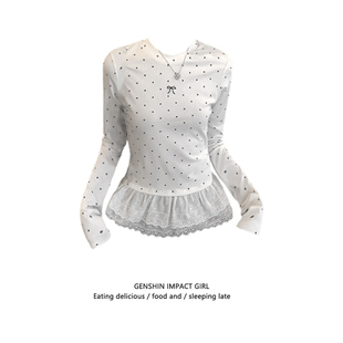 白色波点蕾丝下摆花边长袖t恤女秋冬韩系漂亮修身正肩内搭上衣ins