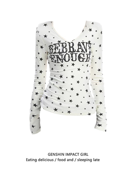 美式辣妹字母星星印花上衣女长袖短款秋季高街辣妹修身V领打底衫
