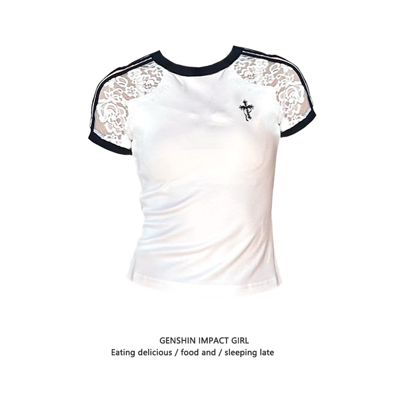 镂空蕾丝拼接撞色圆领短袖T恤女