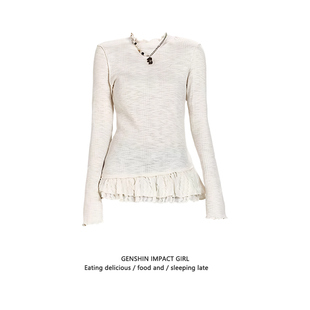 韩系半高领蕾丝花边拼接下摆长袖T恤女新款修身温柔甜美百搭上衣