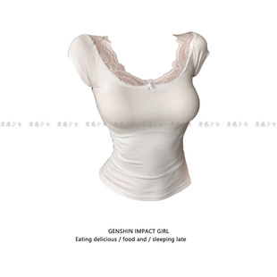 新款 收腰显瘦高级感上衣 t恤女夏季 设计感小众U领拼接蕾丝花边短袖