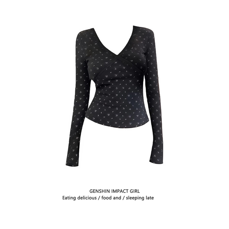 美式V领碎花蕾丝拼接T恤女秋冬季收腰辣妹修身内搭显瘦打底衫上衣