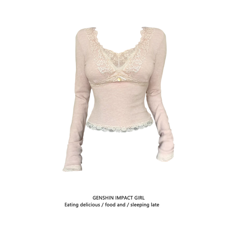 蕾丝拼接V领长袖辣妹德绒上衣女