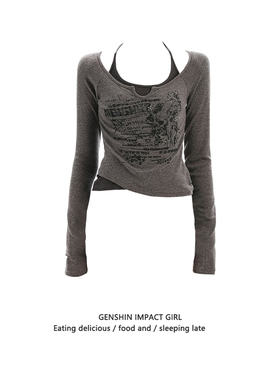 美式复古设计感辣妹假两件长袖T恤女秋季新款拼接显瘦挂脖上衣ins