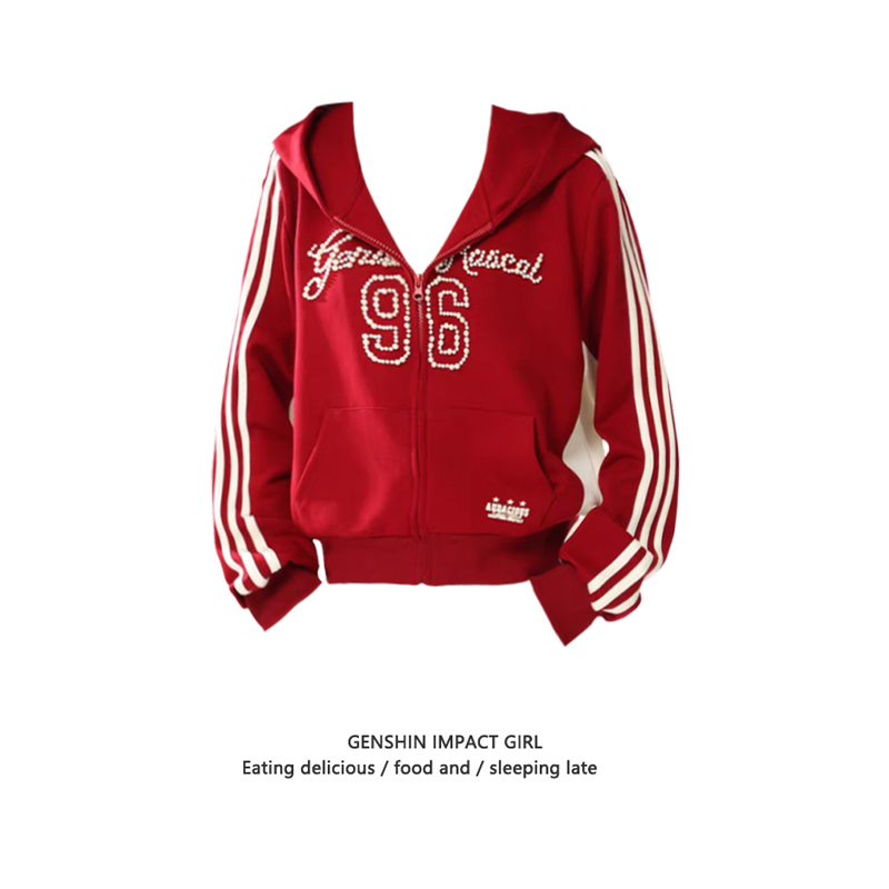 复古连帽钉珠开衫拉链卫衣长袖女秋冬新款甜辣妹红色别致显瘦外套