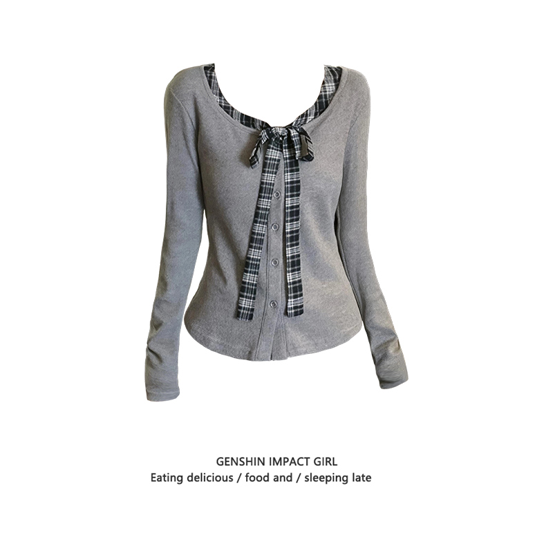 韩版修身格子撞色假两件绑带长袖T恤女早秋纽扣修身时尚慵懒上衣