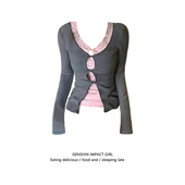 撞色百搭美式 镂空打底外穿上衣 修身 蕾丝拼接假两件长袖 T恤女新款