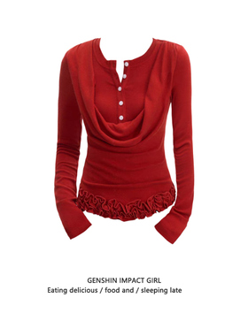 红色荡领假两件纽扣长袖上衣女小众木耳边内搭收腰高级感显瘦T恤