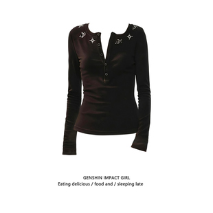 长袖 T恤 小众黑色休闲气质修身 亨利领口纽扣设计感上衣女早春新款