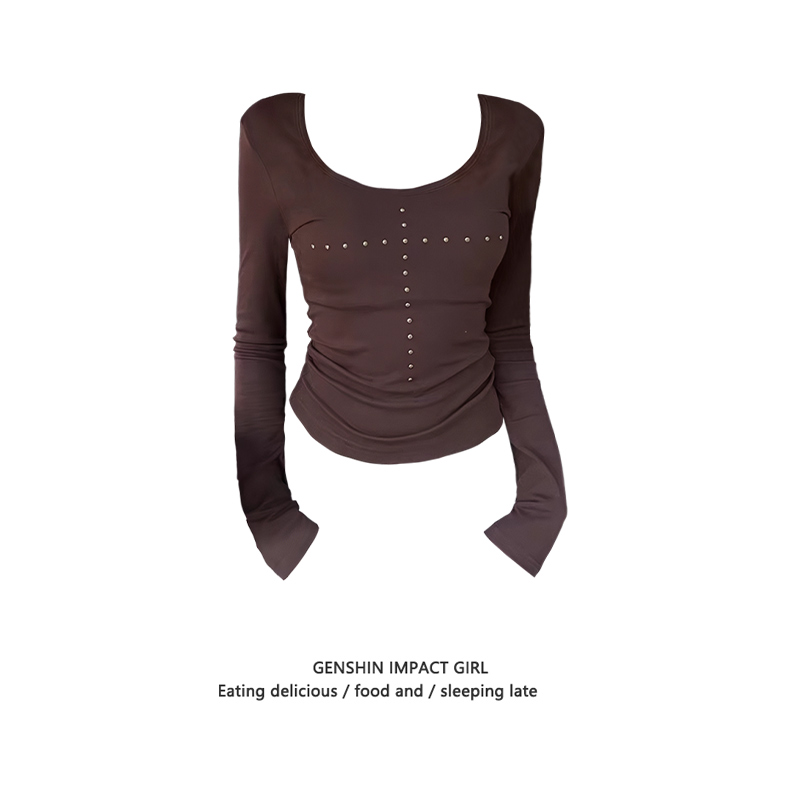 美式复古U领长袖T恤女秋季新款