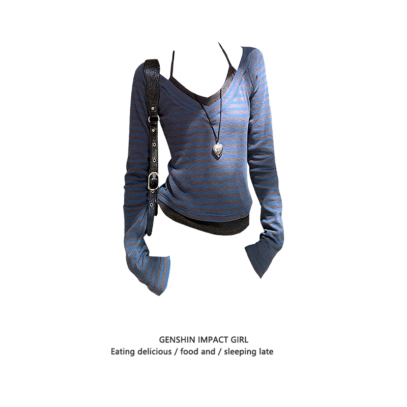 韩系V领条纹拼接假两件长袖T恤女