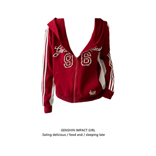 外套开衫 休闲运动风辣妹长袖 复古珍珠撞色条纹连帽卫衣女秋季 美式