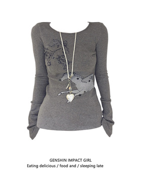 灰色软糯天使小马印花圆领修身T恤女小众甜辣妹显瘦打底长袖上衣