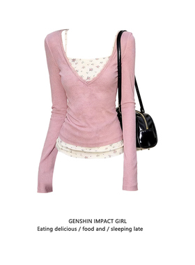 美式辣妹蕾丝v领假两件碎花长袖t恤女春季设计感小众修身显瘦上衣