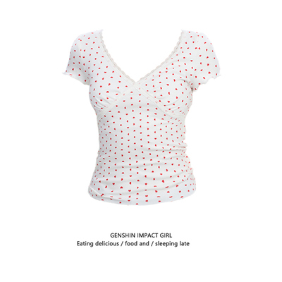 小个子甜辣妹V领蕾丝边上衣女夏