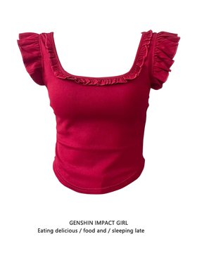 红色小飞袖木耳边方领短袖T恤女夏季辣妹露背修身纯棉短款上衣ins