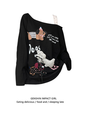 黑色斜肩露肩蕾丝长袖卫衣女早秋新款小狗设计感小众宽松大版上衣