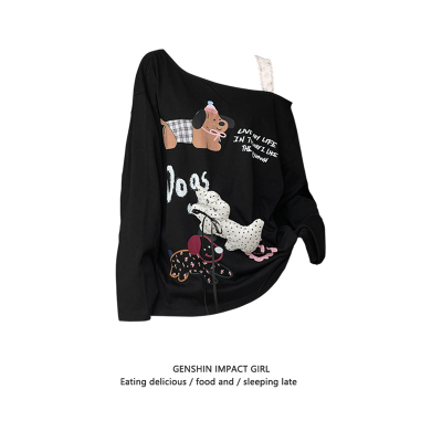 早秋黑色斜肩露肩蕾丝长袖卫衣女