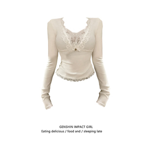 设计感蕾丝花边V领长袖t恤女春秋新款独特绝美辣妹修身打底衫上衣