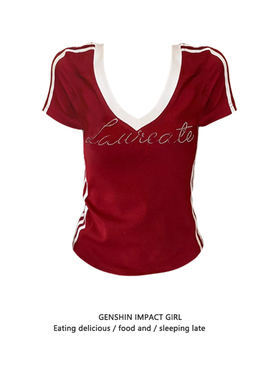 红色V领条纹短袖t恤女夏季新款字母烫钻新款修身正肩半袖短款上衣