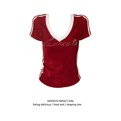 字母烫钻红色V领条纹短袖t恤女夏