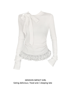 小众蝴蝶结内搭打底衫女新款白色正肩长袖T恤辣妹修身别致上衣潮