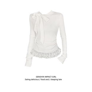 小众蝴蝶结内搭打底衫 白色正肩长袖 T恤辣妹修身 别致上衣潮 女新款