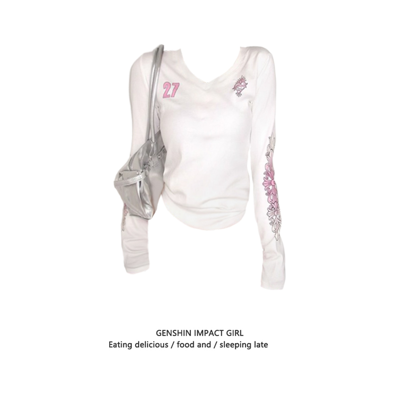 美式辣妹十字架V领长袖打底衫女