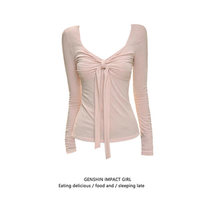 百搭设计感打底T恤 修身 韩系chic刺绣抽褶飘带长袖 上衣女秋冬新款