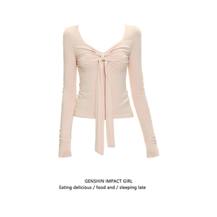 时尚 女秋季 气质百搭打底上衣 纯欲辣妹风抽褶刺绣T恤长袖 复古修身