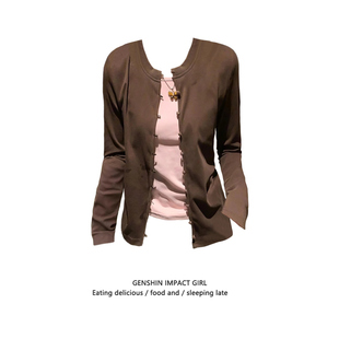 美式假两件纽扣长袖T恤女秋冬复古辣妹修身设计感显瘦莫代尔上衣