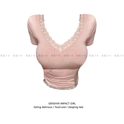 蕾丝拼接V领紧身纯色短袖T恤女夏